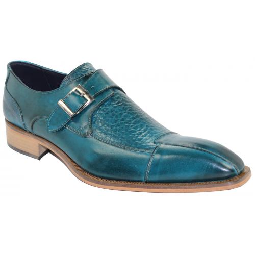 Duca Di Matiste "Cava" Teal Genuine Calfskin Monk Strap Loafer Shoes.